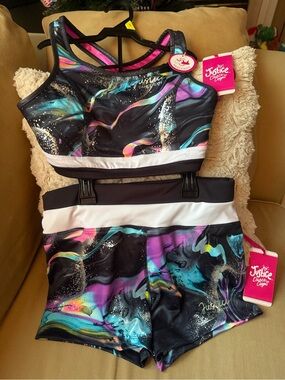 Justice Girls Black Multi-Color Dance Crop Top & Shorts Set